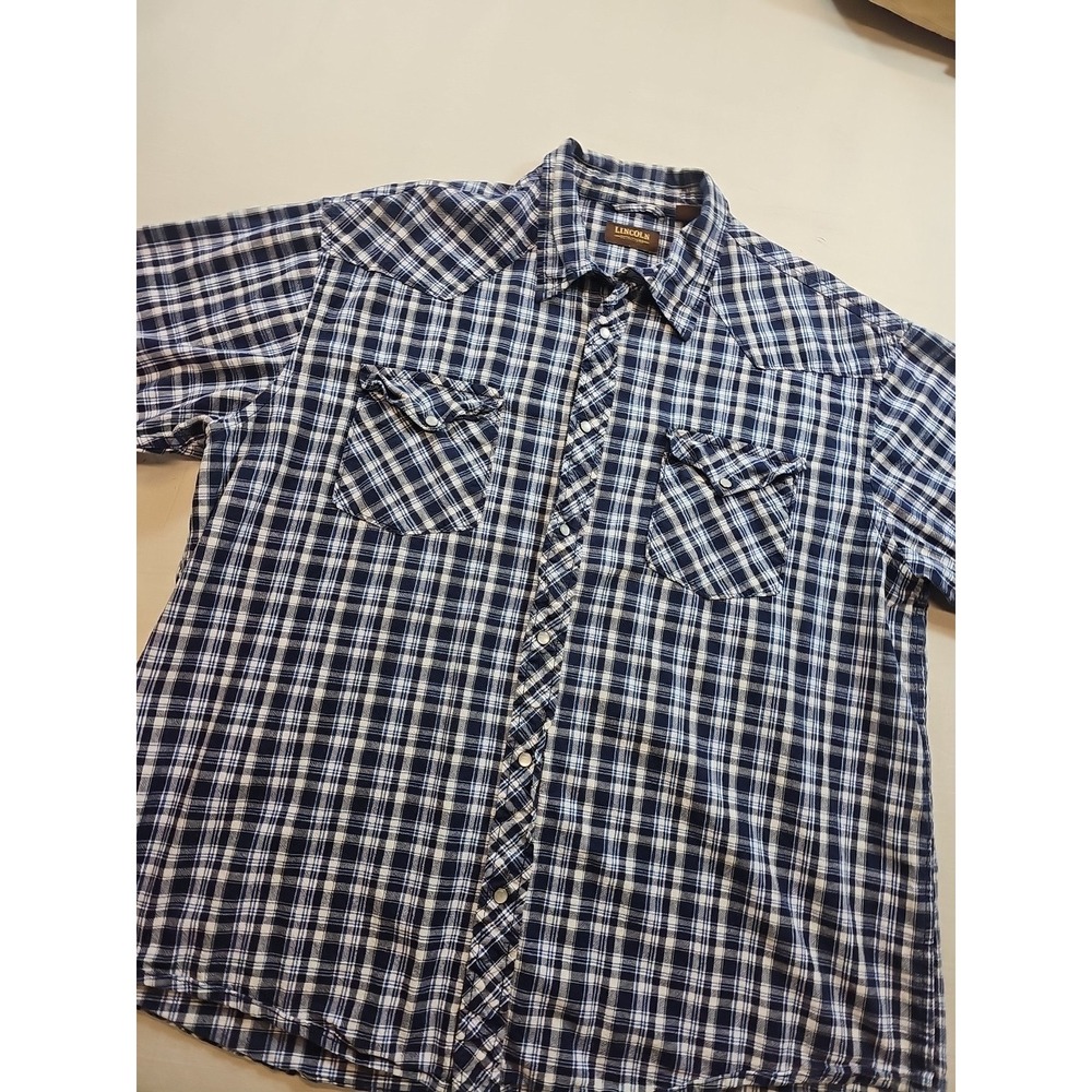 Lincoln Outfitters Shirt Men's XXL Blue Plaid Short Sleeve Pearl Snap Button Up